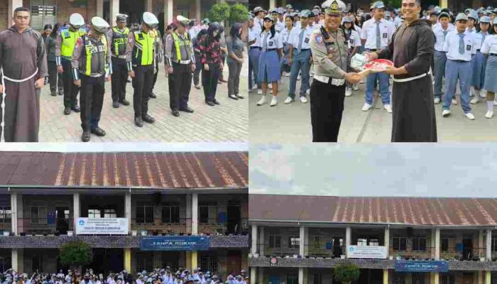 Sat Lantas Polres Samosir Salurkan Perlengkapan Lalu Lintas bagi PKS SMA Santo Mikhael Pangururan